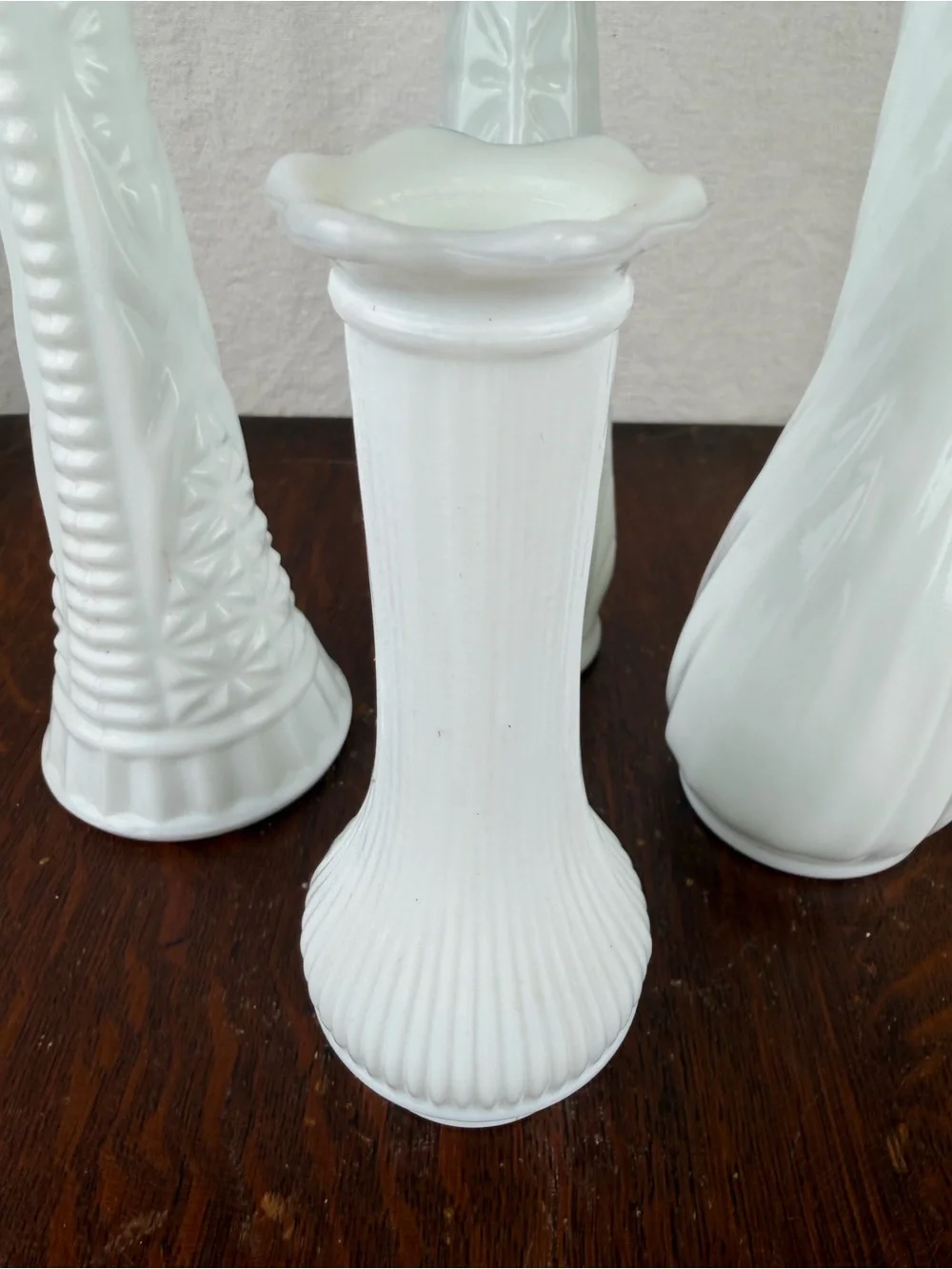 Vintage Milk Glass Bud Vases Set of 4 White Embossed Textured Floral Vases